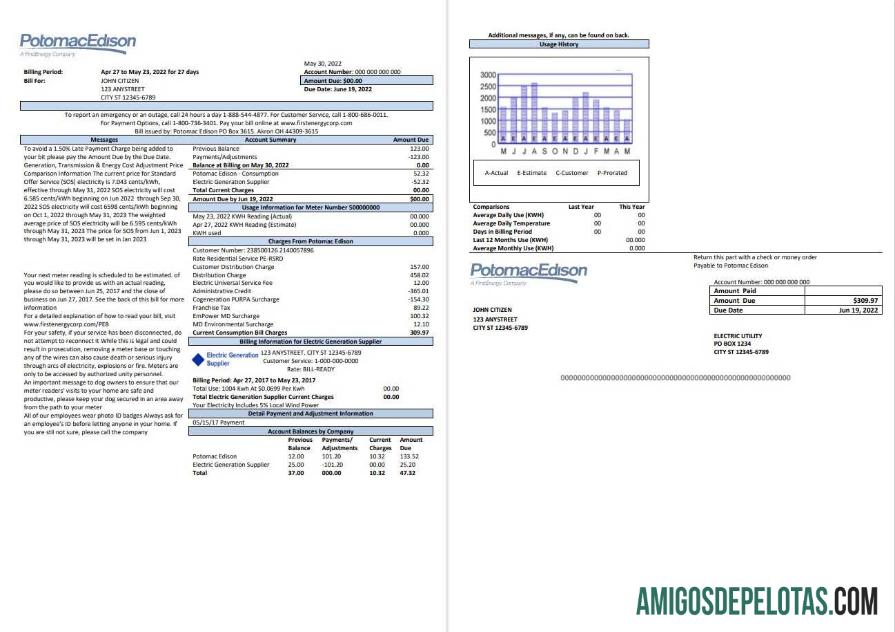imprimível Conta de serviços públicos dos EUA Maryland Potomac Edison, modelo Word e PDF, 2 páginas
